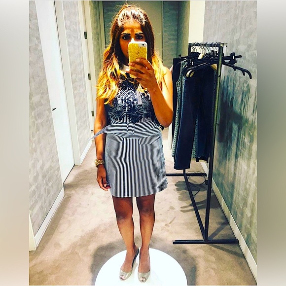 SELF-PORTRAIT Striped Shirting Sleeveless Mini Dress with Lace Cape - Picture 6 of 6